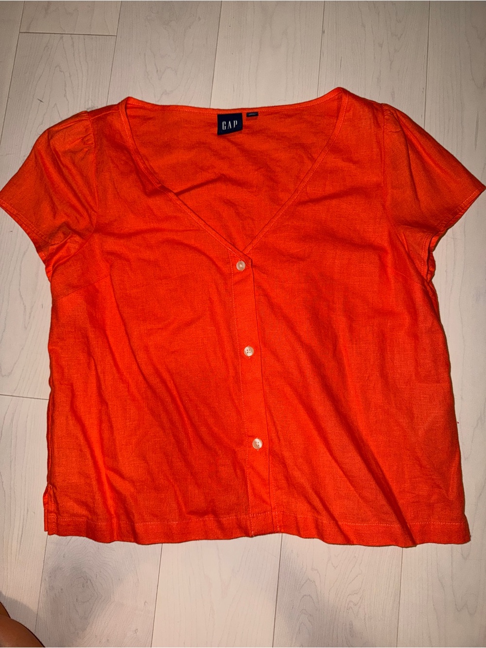 GAP Orange V-Neck Button-Front Short Sleeve Top